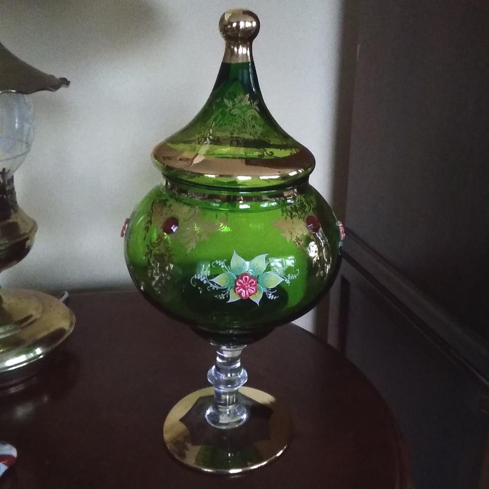 Elegant Vintage Green and Gold Bohemian Glass Enameled Flowers Lidded Candy Dish